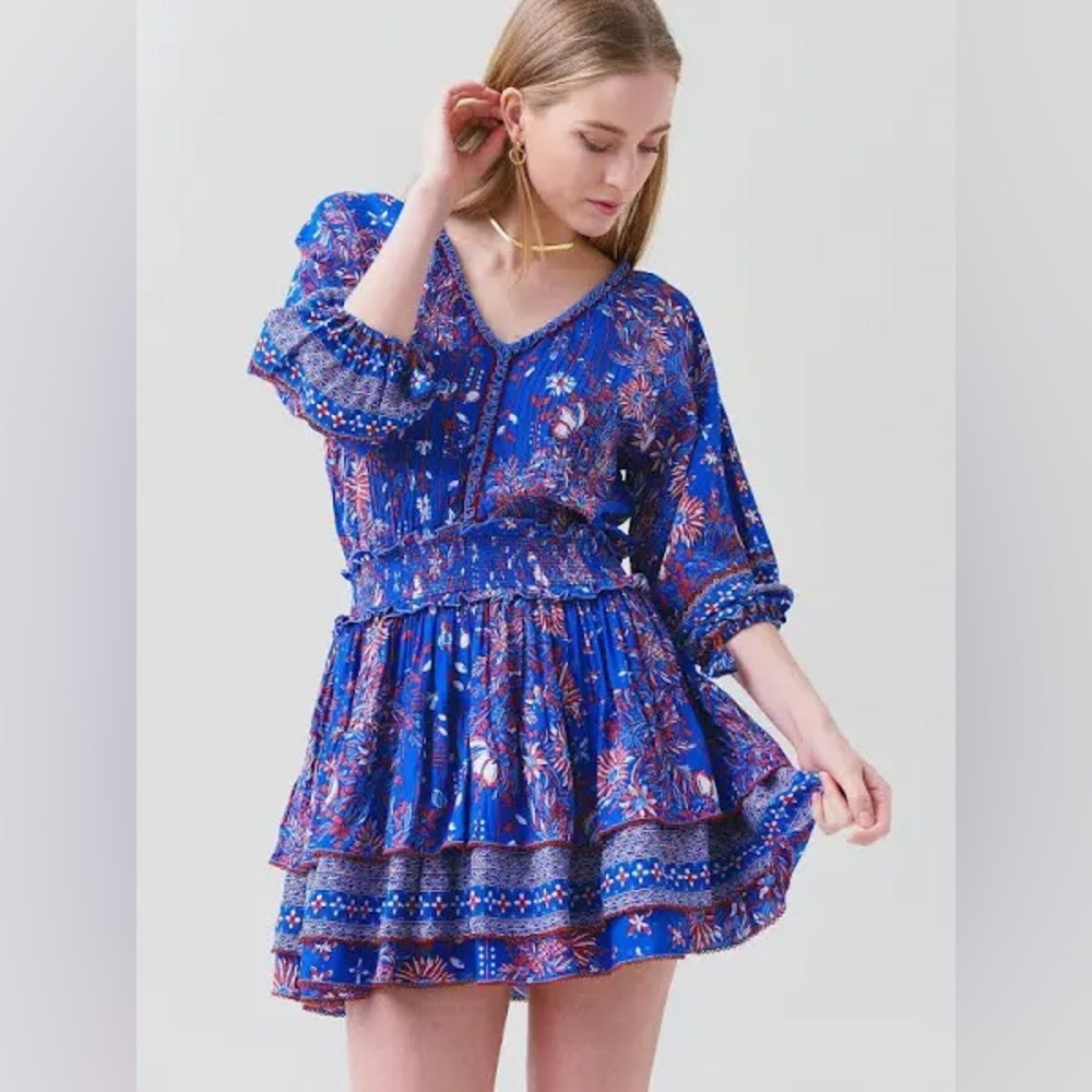 Poupette St Barth XS Ariel Mini Dress Blue Riviera Floral Resortwear Swim Casual